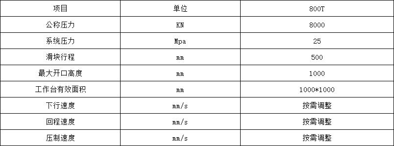 伺服800吨三梁四柱液压机技术参数