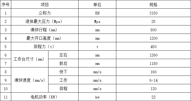 315吨框架式液压机参数